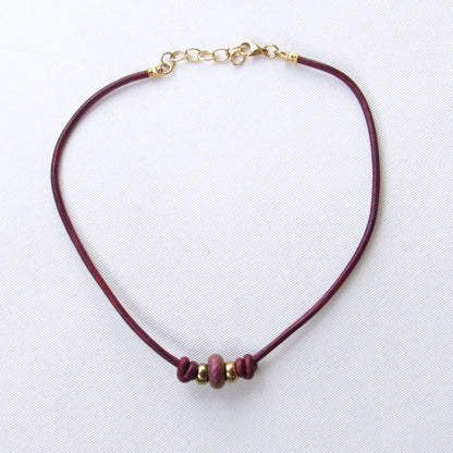 Hematite gemstone with Brass on Red Leather Necklace