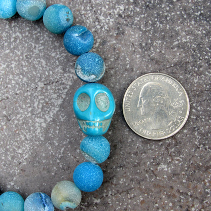 Blue Druzy Agate gemstones and Howlite Skull Stretch Bracelet