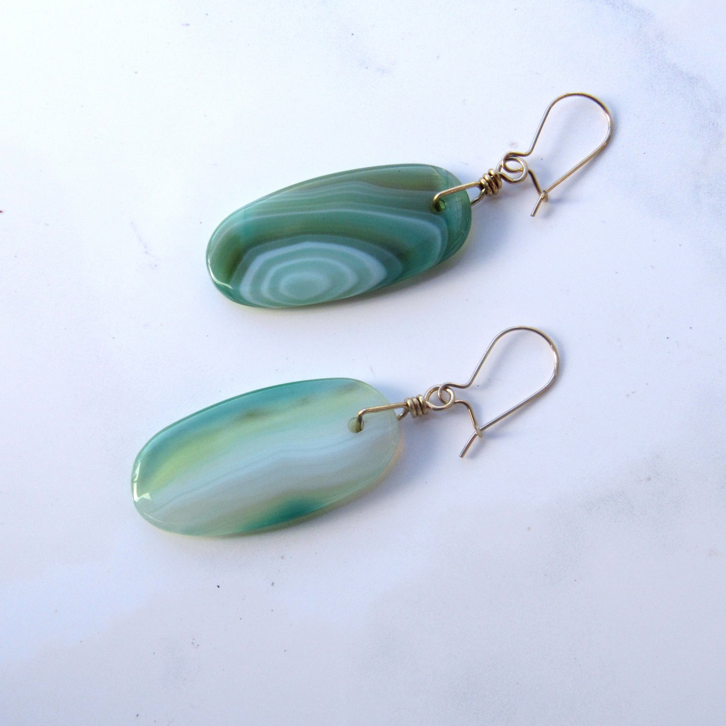 Green Banded Agate gemstone hand wrapped with 14 kt Gold filled Drop Earrings