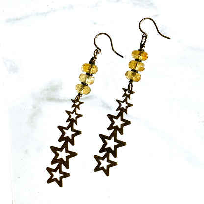Brass Stars and Genuine Citrine gemstone earrings