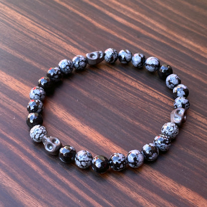 Snowflake Obsidian and Hematite Skull Bracelet