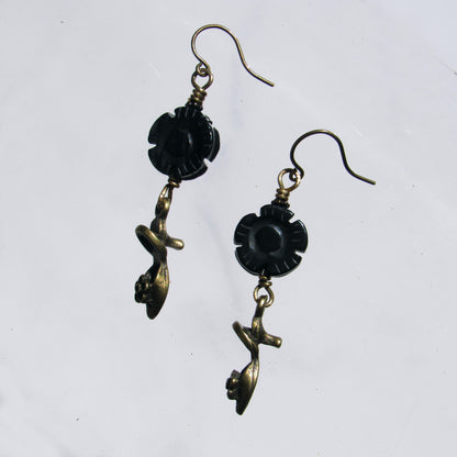 Brass shoe and onyx flower drop earrings