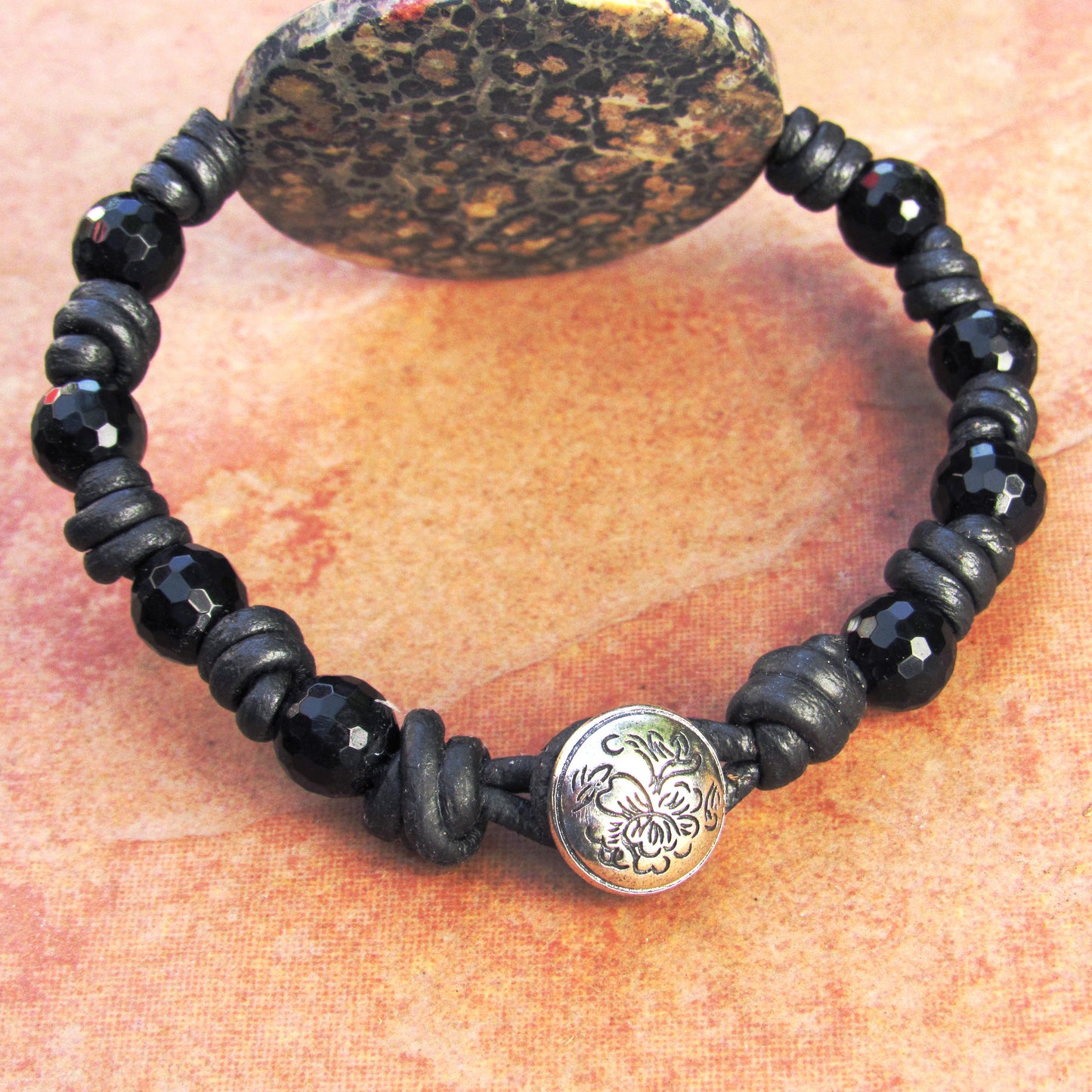 Leather Knotted Leopard Print Jasper Gemstone, Faceted Onyx, and Sterling Silver Button Bracelet