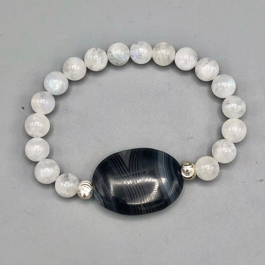 Black Striped Agate, Sterling Silver, and Moonstones Women’s Stretch Bracelet