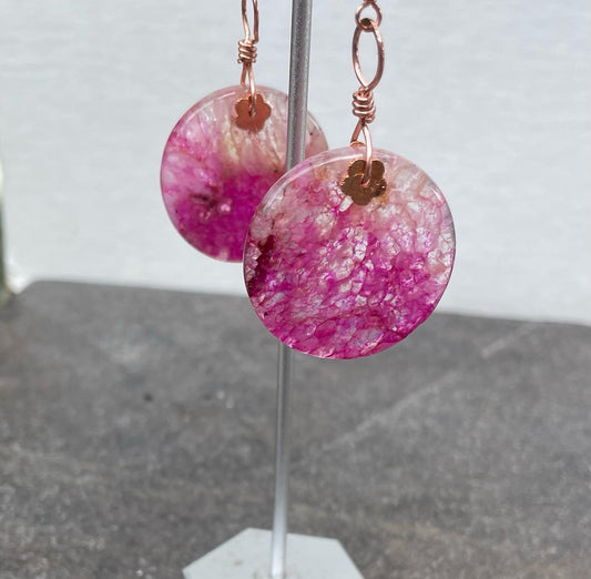 Pink druzy geode agate wrapped copper drop earrings