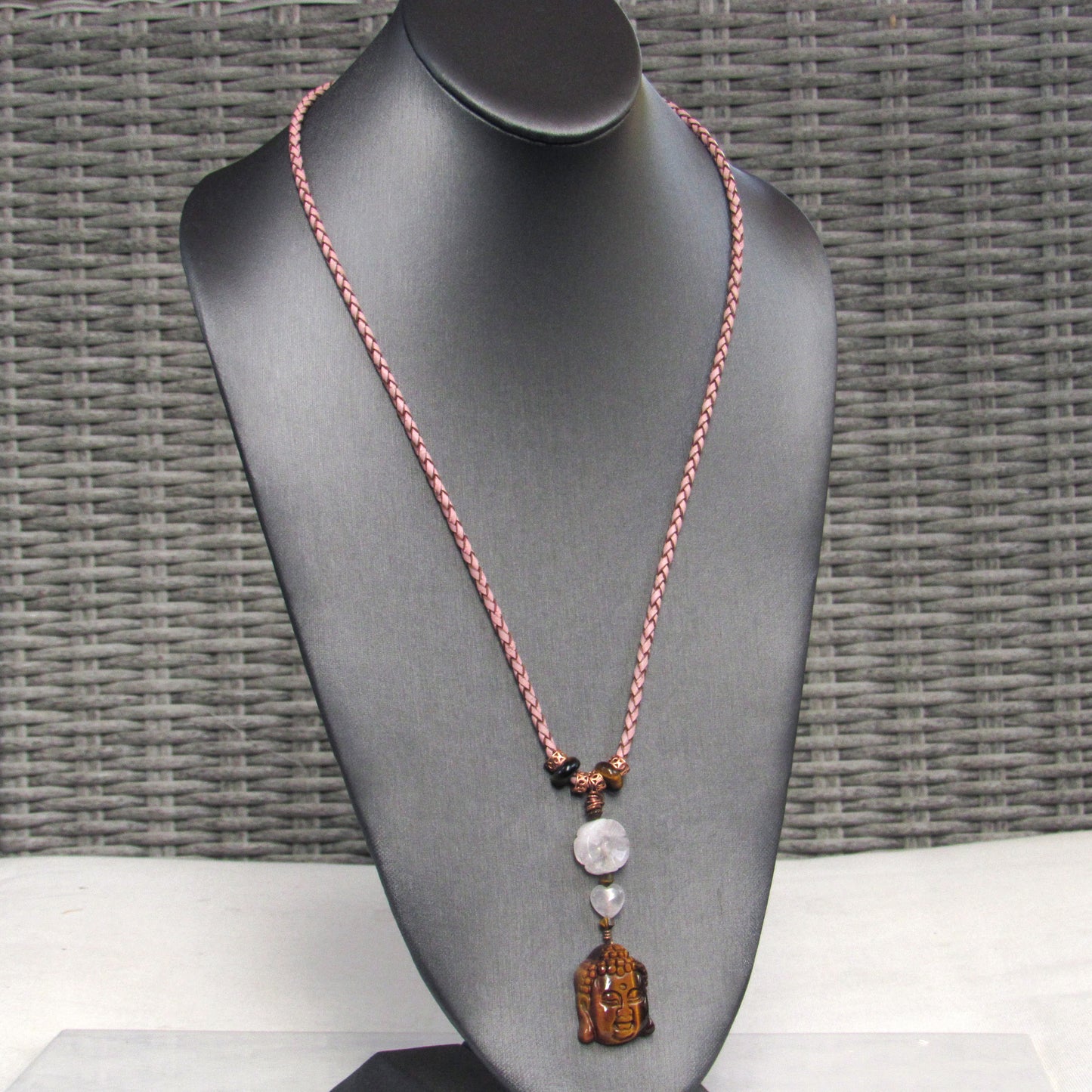 Tiger Eye Buddha Copper, Rose Quartz Flower, on Tan Braided Leather with Copper Clasp