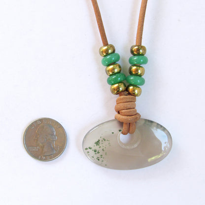 Green Agate gemstone and brass Pendant Hand knotted on Leather