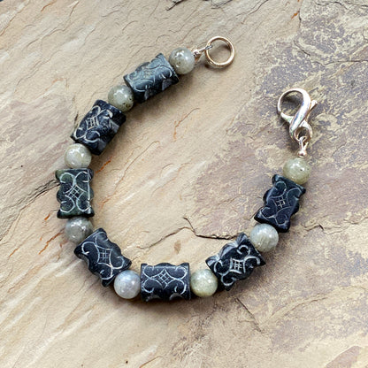 Black old jade and labradorite gemstones with sterling silver clasp bracelet