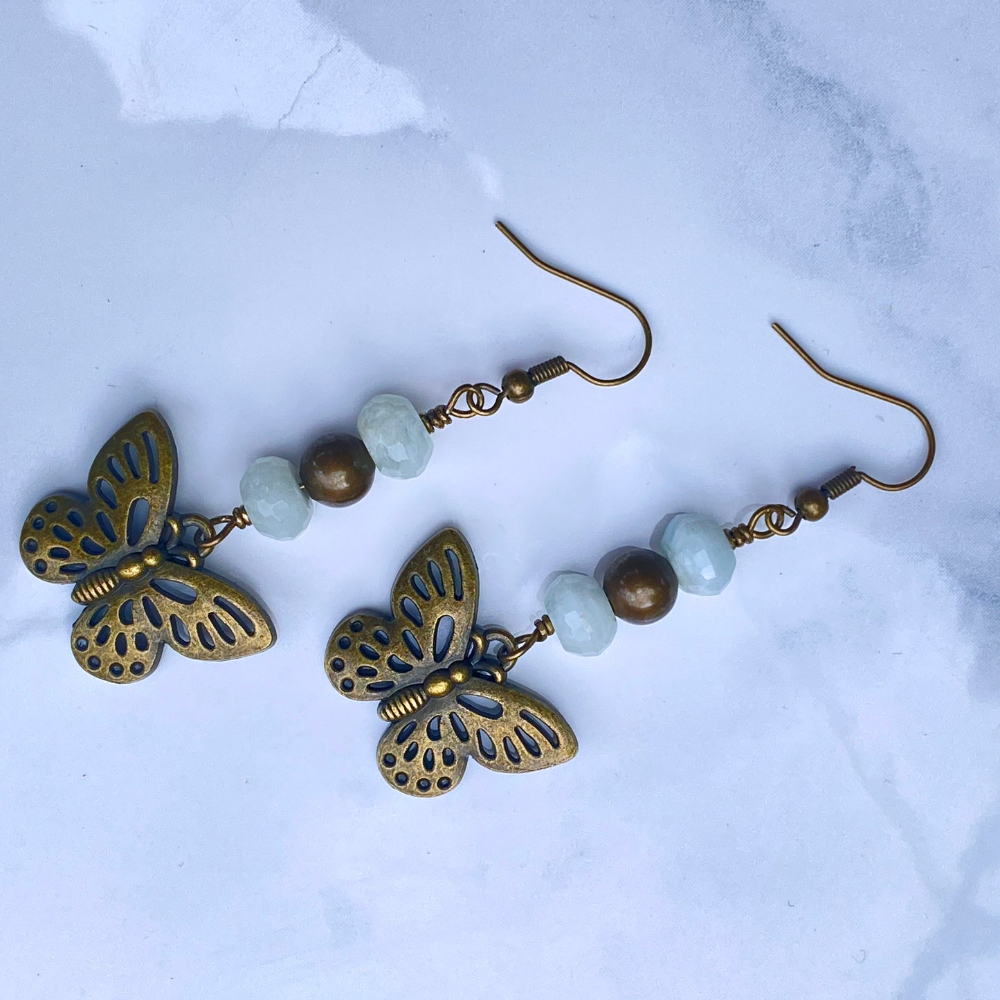 Aquamarine gemstone with brass Butterfly Earrings