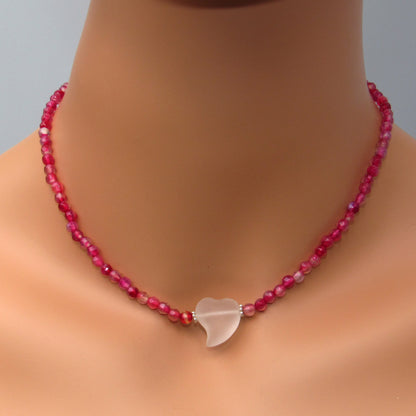 Quartz Heart and Red Agate gemstone Choker Necklace