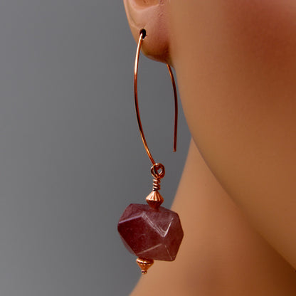 Genuine Copper and Natural Strawberry Quartz gemstone Earrings