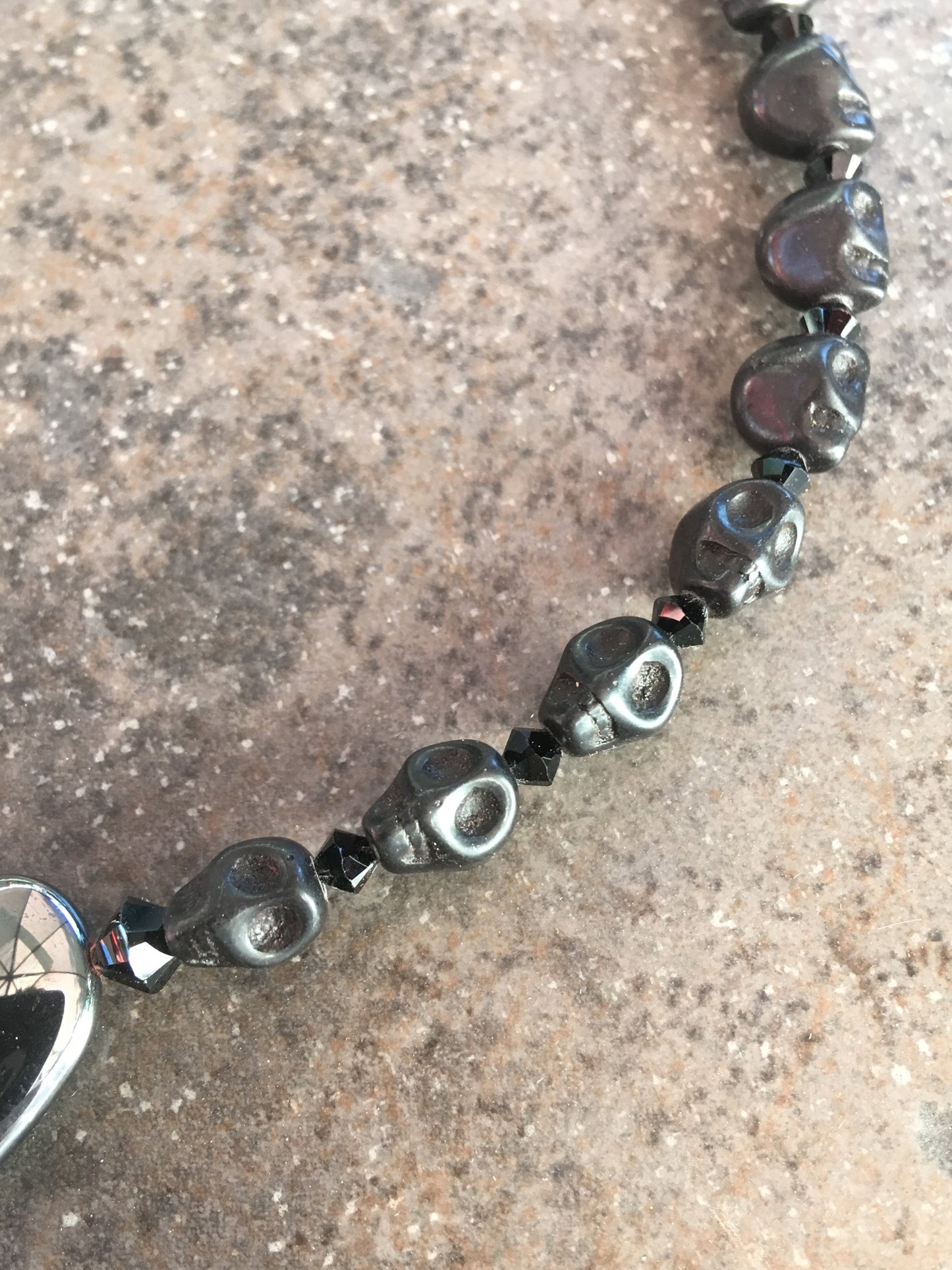 Black Skull & Crystal with Hematite gemstone heart Necklace