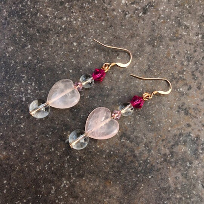 Rose quartz, Clear Quartz, and Swarovski crystal with rose gold filled drop earrings