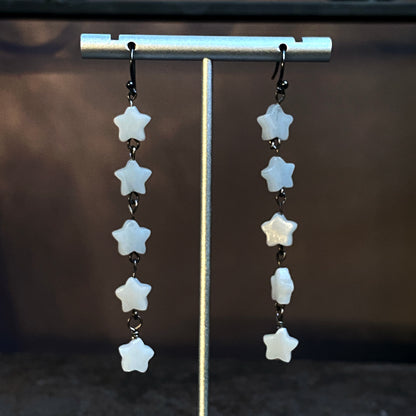 Quartz stars and oxidized Sterling silver long drop earrings