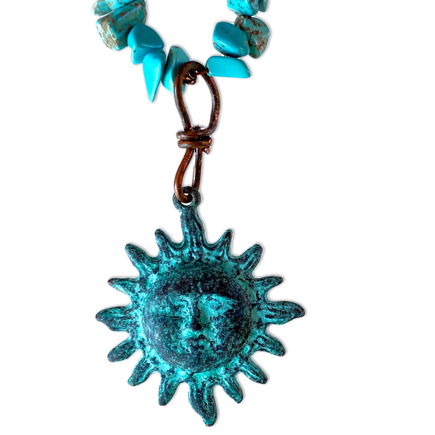 Natural Turquoise gemstone  and copper Sun pendant beaded necklace