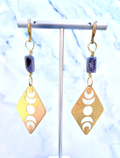 Tanzanite and Brass Moon Earrings