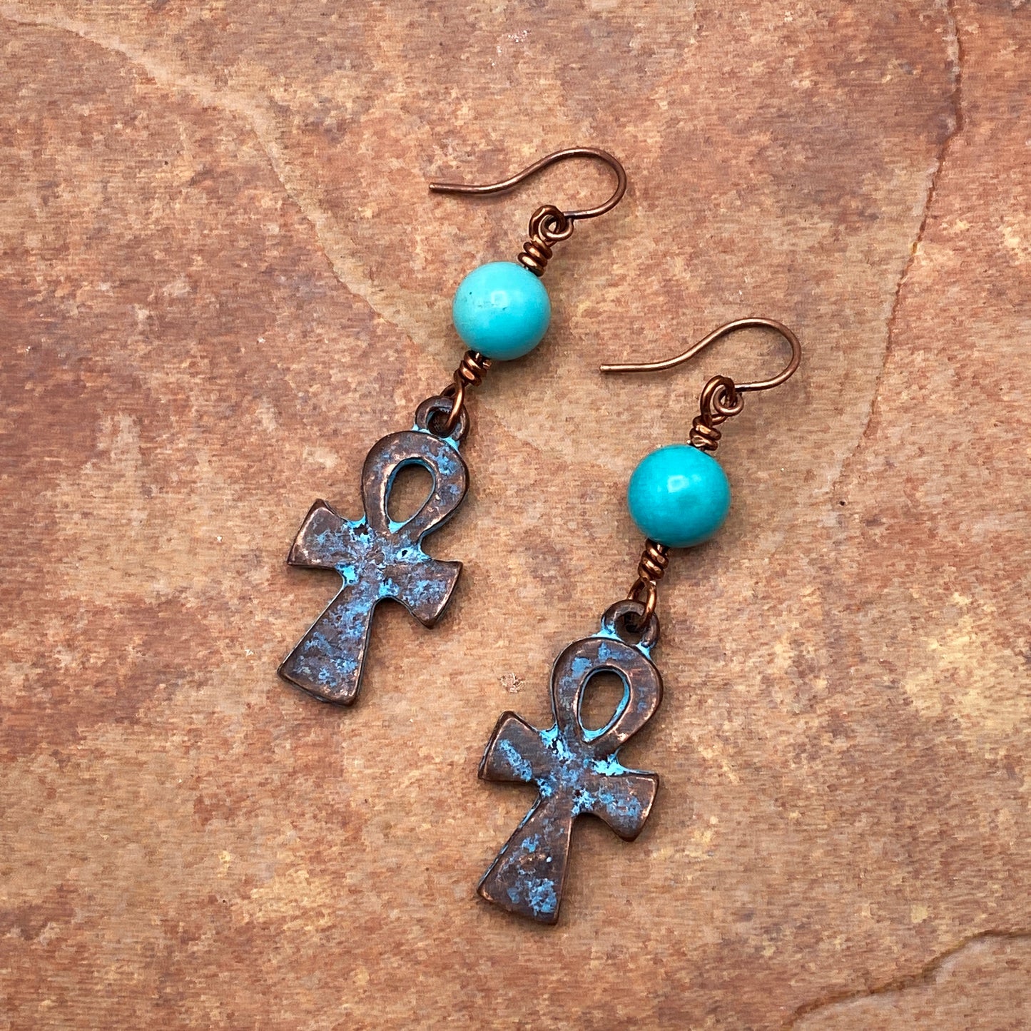 Turquoise and Copper Ankh Dangle Earrings