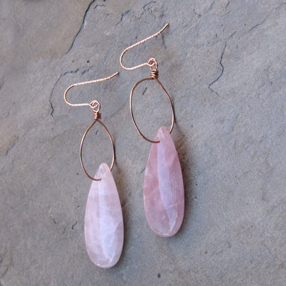 Rose Quartz Gemstone and Hand wrapped 14 kt Rose Gold Fill Drop Earrings