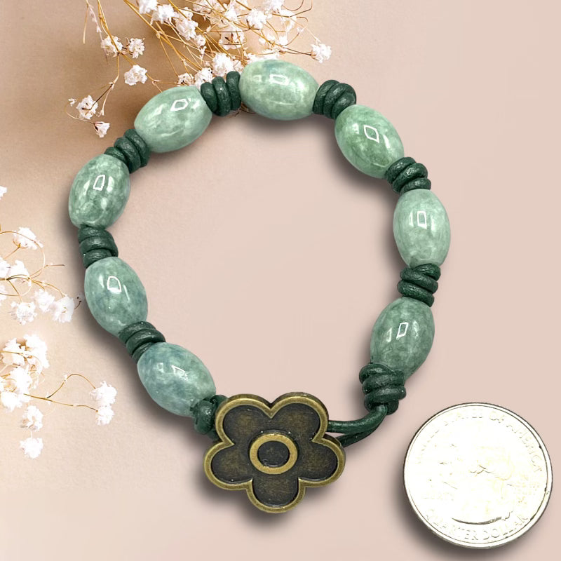 Hand knotted Jade gemstone on green Leather Bracelet