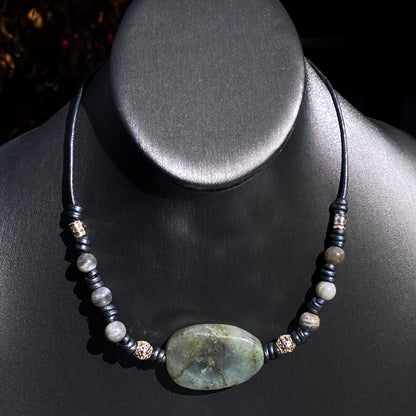 Labradorite gemstone, Sterling Silver, Leather Necklace
