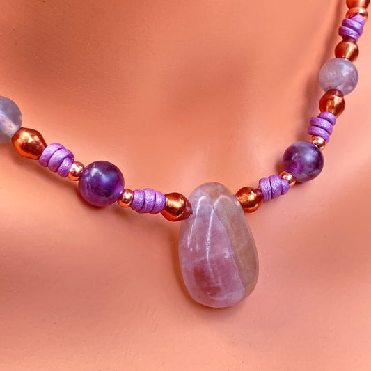 Fluorite Gemstone and copper hand knotted leather necklace