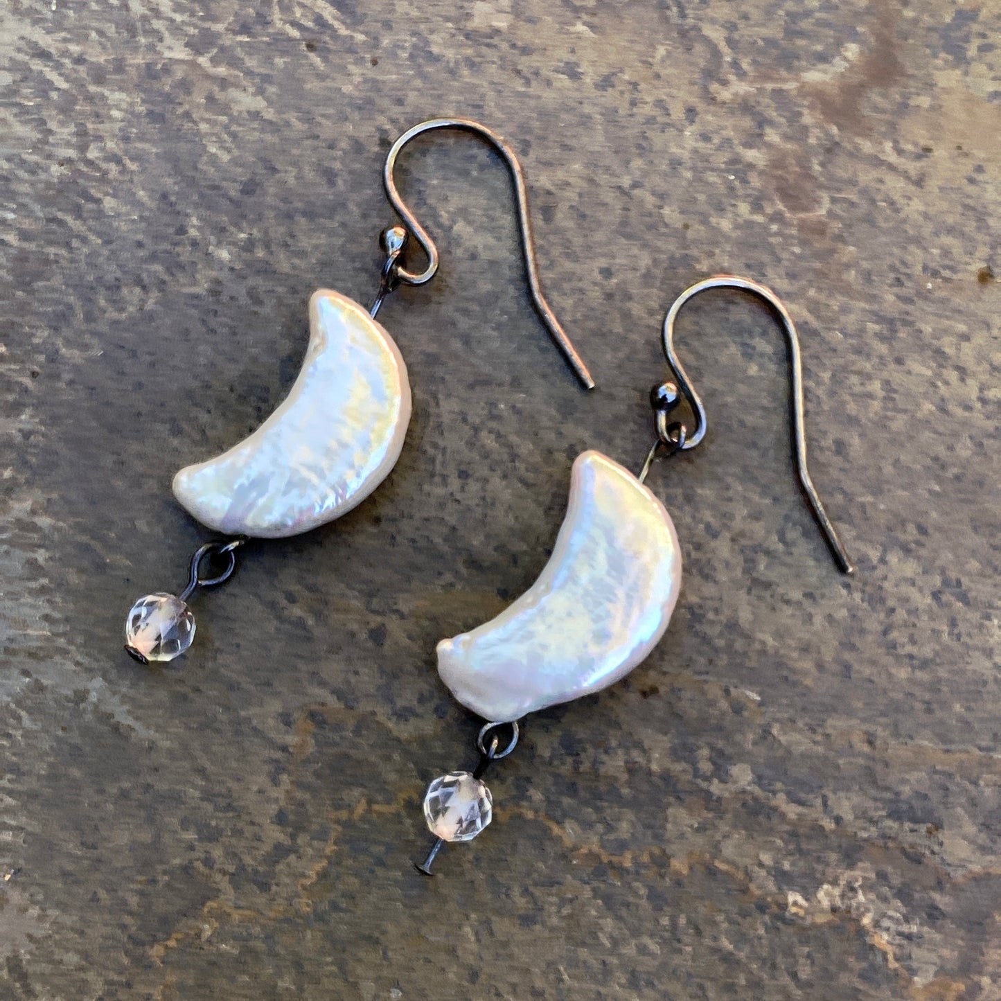 Mother of Pearl Moon and White Topaz Gemstone Drop Earrings