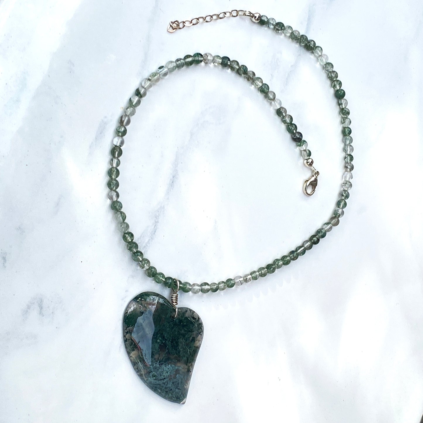 Green Moss Agate Gemstone Heart on Beaded 4mm Green Moss Agate Necklace w/ Sterling Silver Clasp