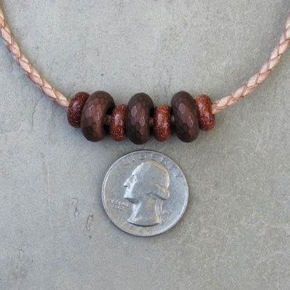 Men’s Copper, Hematite, Goldstone gemstones on genuine Leather clasp bracelet
