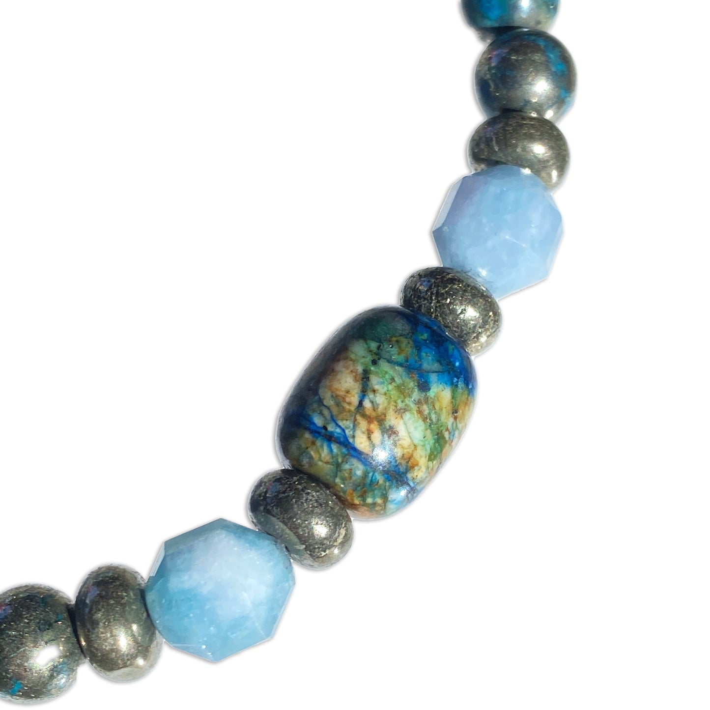 Pyrite, Aquamarine, and Chrysocolla gemstone Stretch bracelet