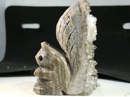 Natural crystal cluster Quartz mineral specimen hand-carved squirrel