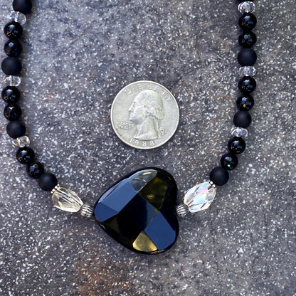 Onyx Heart on onyx, Oxidized Sterling Silver and Quartz gemstone Necklace