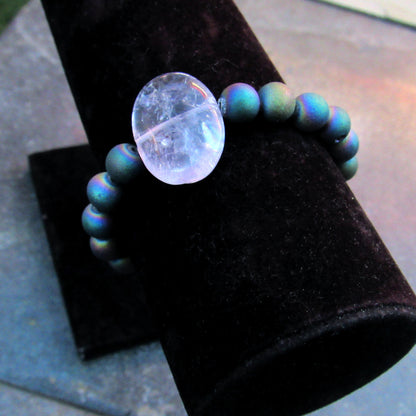 Rainbow Druzy Agate and Amethyst Gemstone Stretch Bracelet