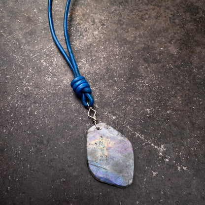 Labradorite Gemstone and Blue Leather Necklace Hand Wrapped w/ Sterling Silver and Sterling Clasp