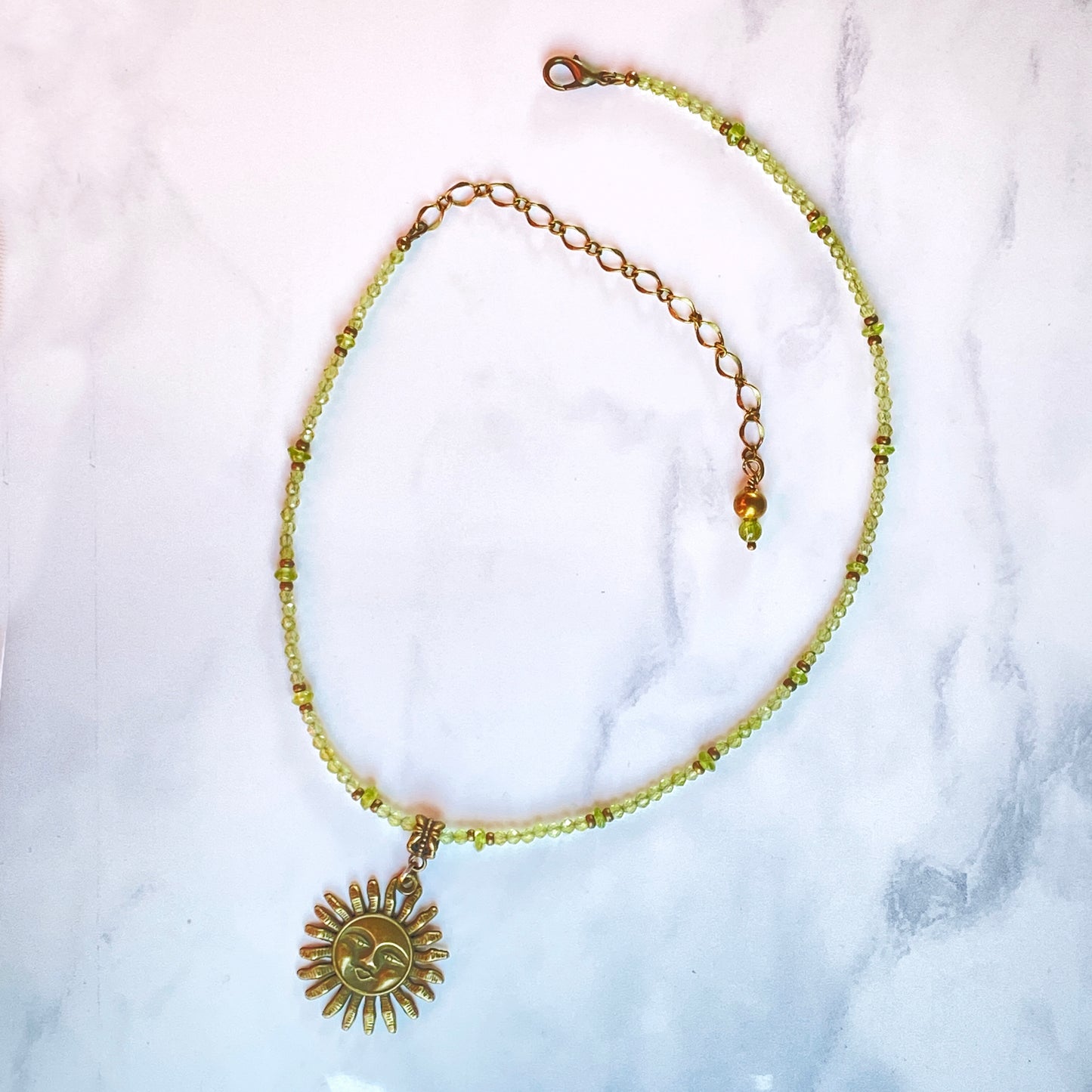 Peridot gemstone beaded necklace with brass Sun pendant necklace