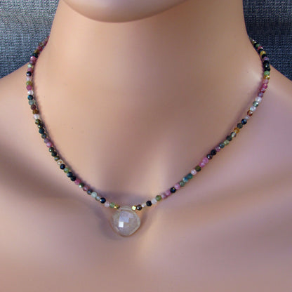 Rutilated Gold Gemstone Pendant with Mixed Tourmaline and14 kt gf Necklace