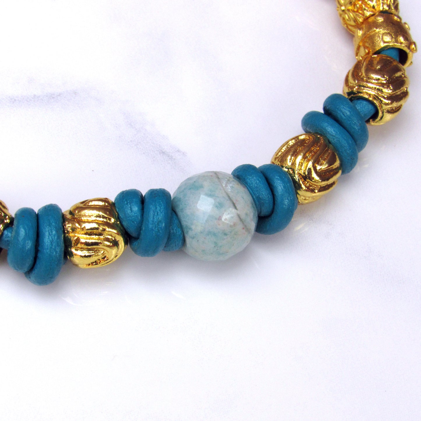Amazonite gemstone with Bali Beads on hand knotted Leather