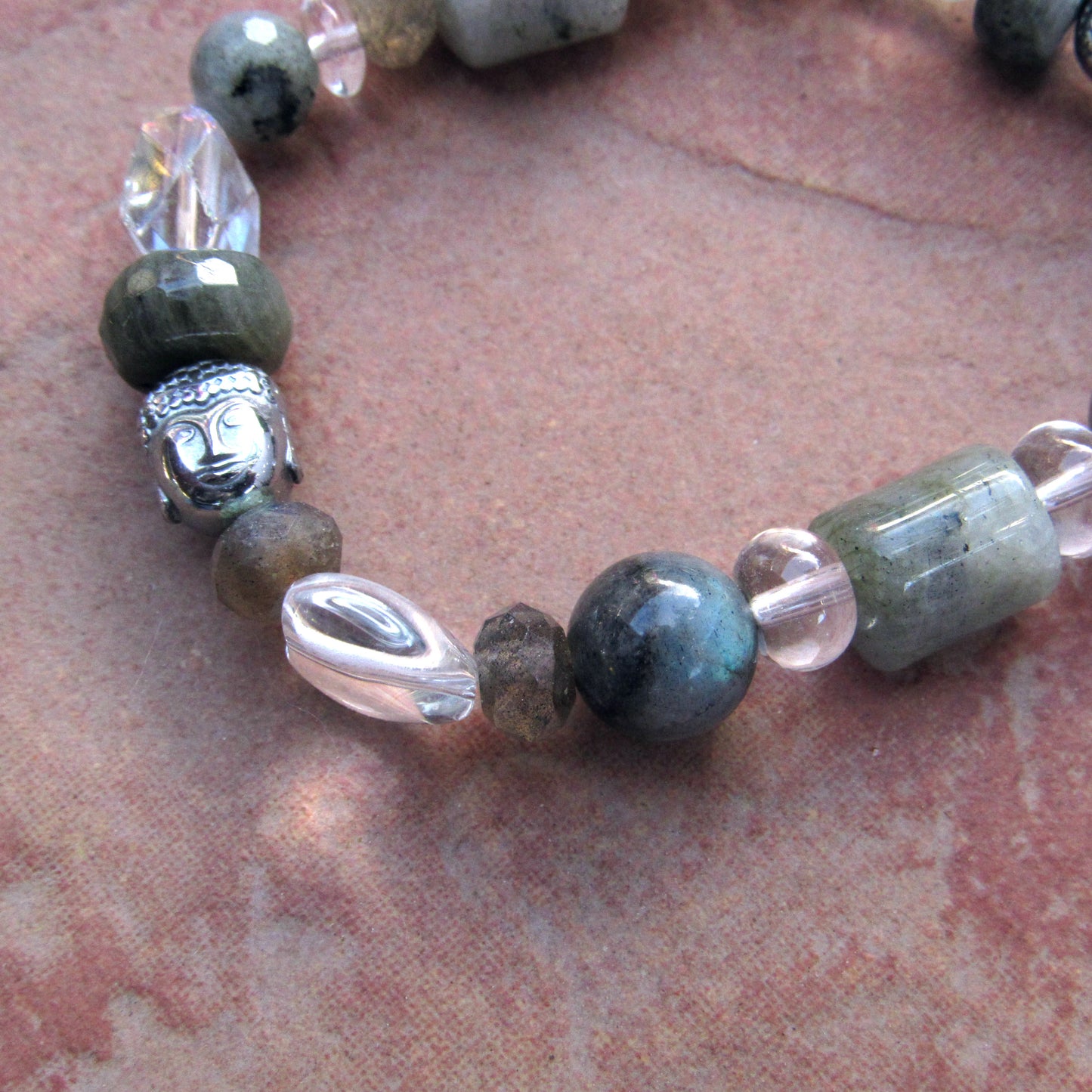 Labradorite, Hematite Buddha, and Quartz stretch bracelet