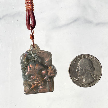 Labradorite gemstone Skull on Leather Necklace