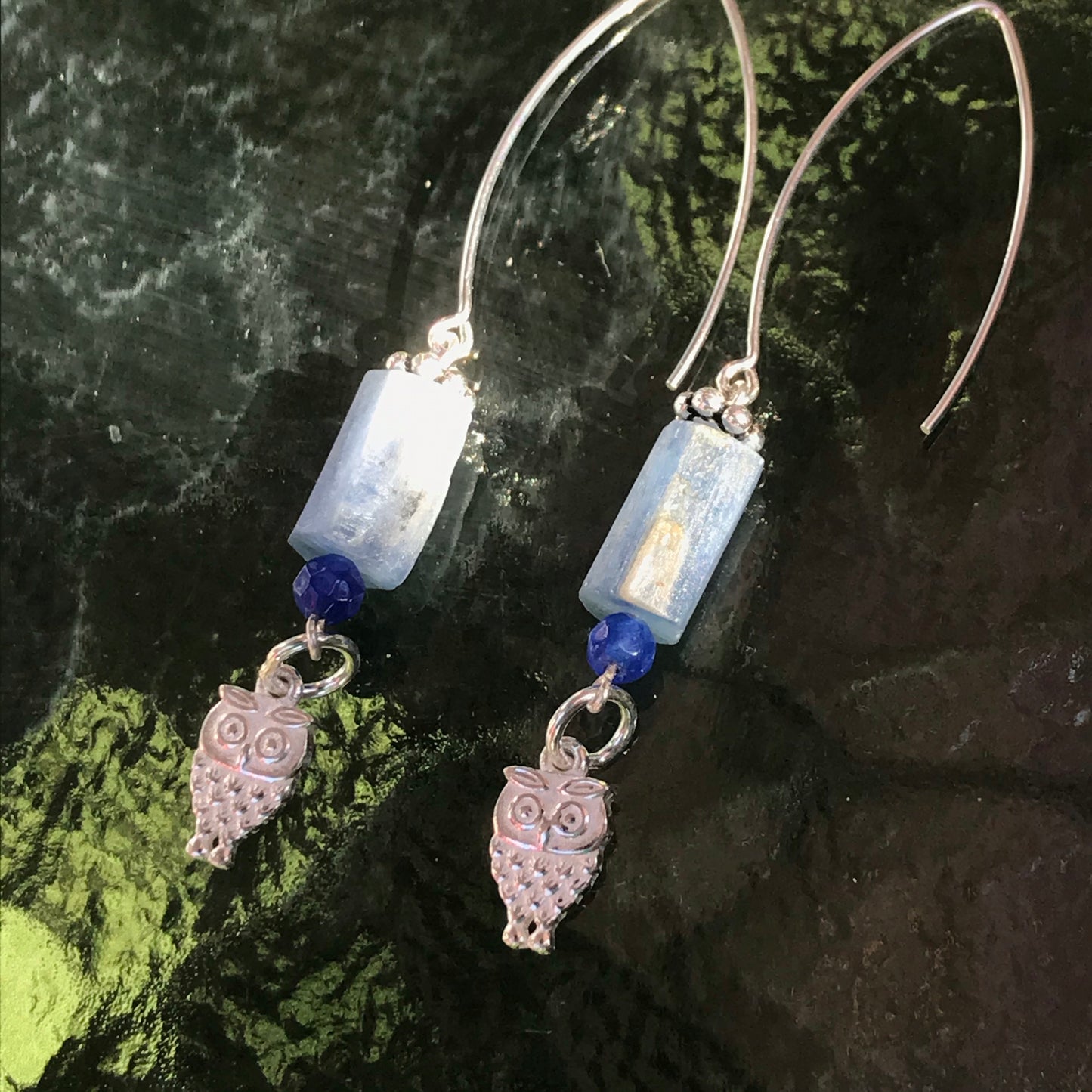Sterling silver owl and kyanite and sapphire jade earrings