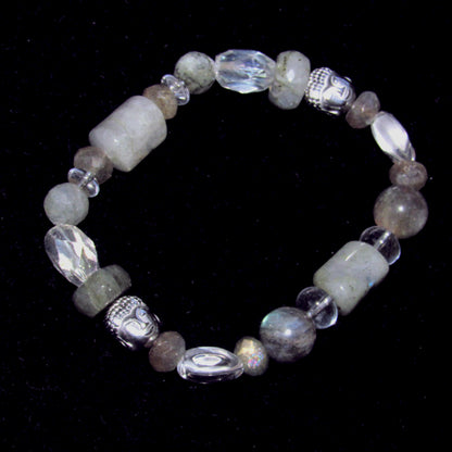 Labradorite, Hematite Buddha, and Quartz stretch bracelet