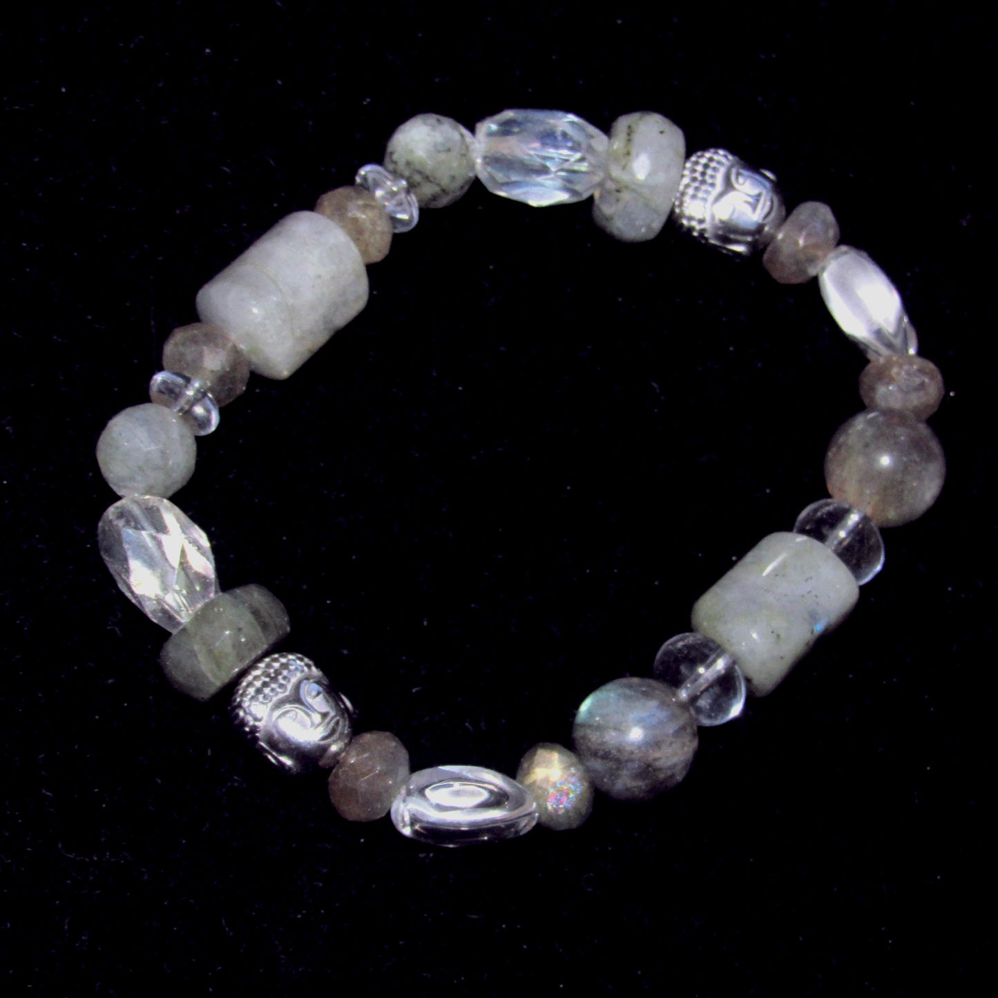 Labradorite, Hematite Buddha, and Quartz stretch bracelet