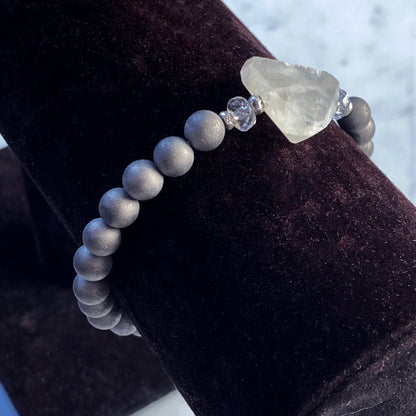 Shimmery Moonstone Gemstone, Sterling Silver, Clear Quartz, and Silver Druzy Agates