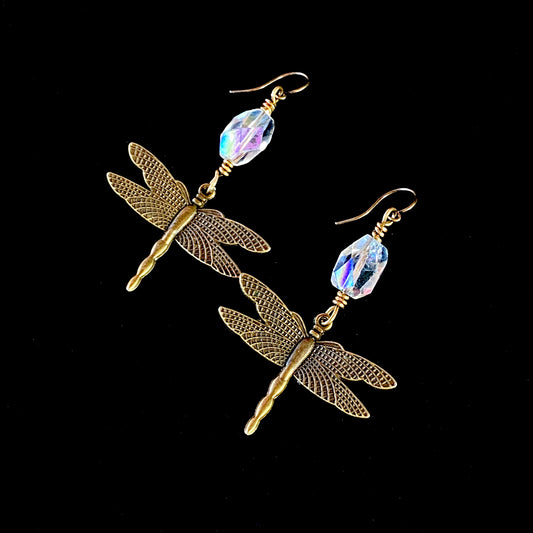 Brass Dragonfly and Quartz gemstone Dangle Earrings