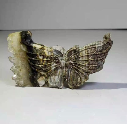 Natural crystal quartz cluster mineral specimen, hand carved, butterfly