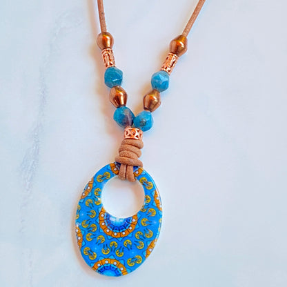Mother of Pearl, Apatite gemstone, and Copper on Leather Necklace