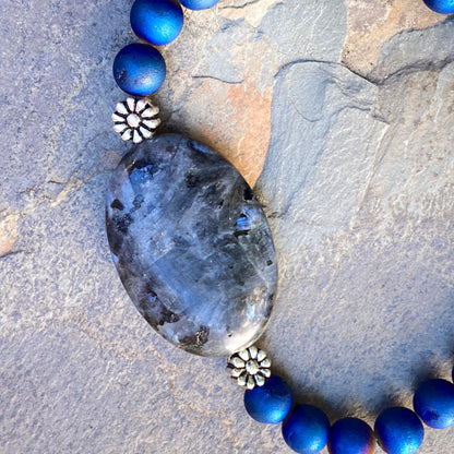 Blue Flame Larvikite and Druzy Agate Gemstone with Sterling Silver Bracelet