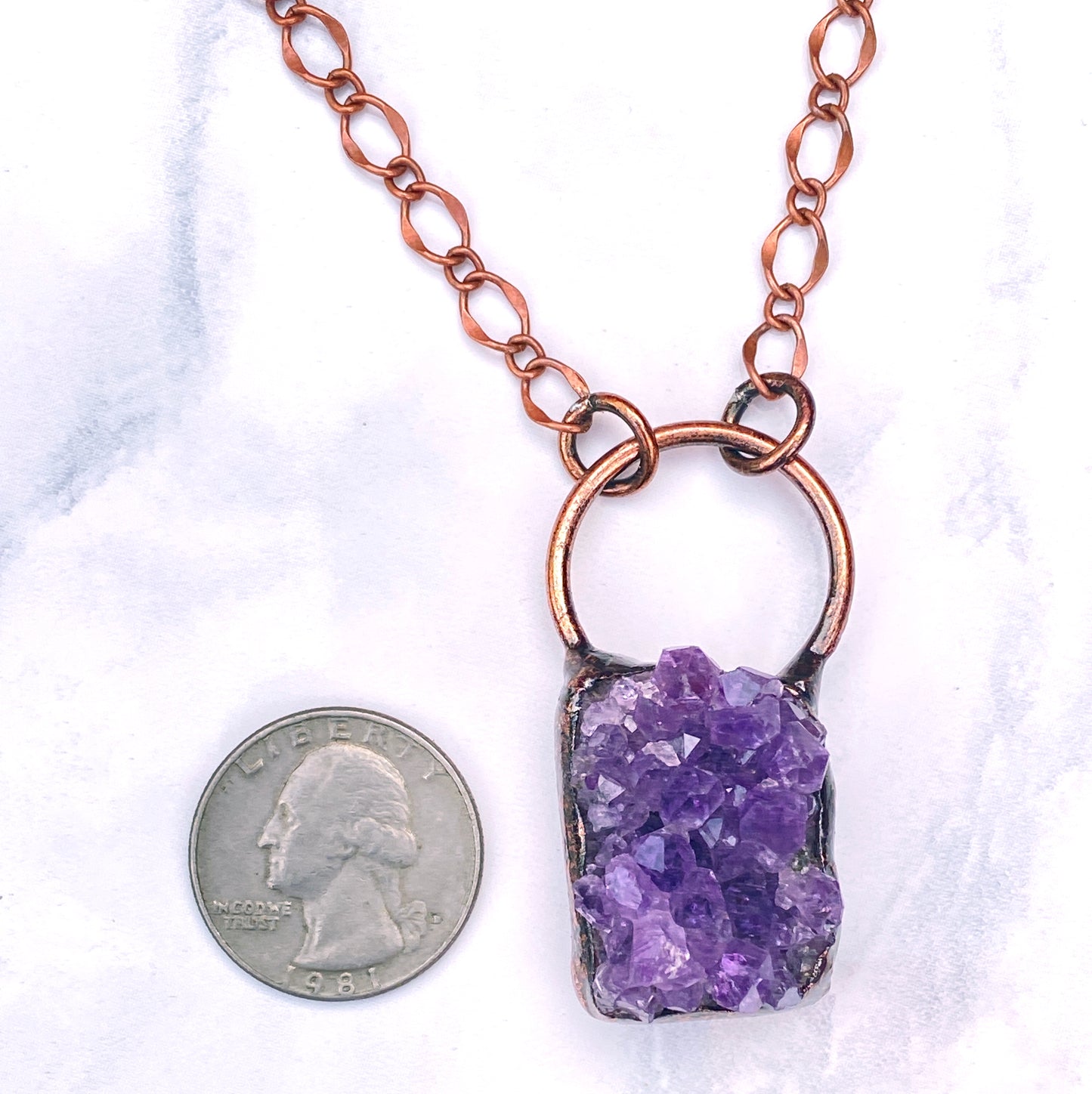 Amethyst and copper long necklace