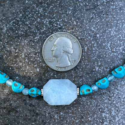 Aquamarine and Howlite Skull Necklace