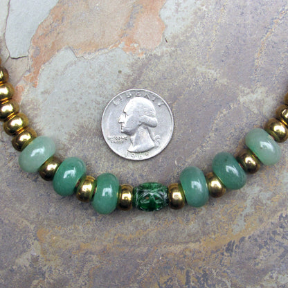 Jade gemstone, Aventurine, and Brass on genuine leather Necklace