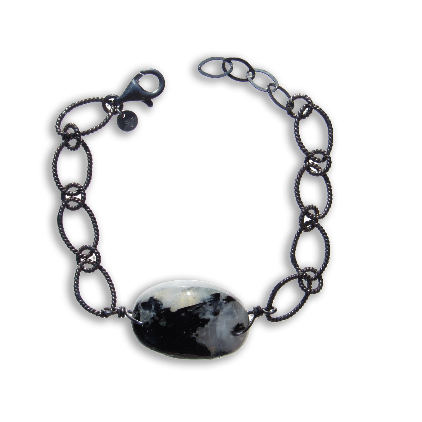 Tourmaline gemstone & Moonstone with Oxidized Sterling Silver Bracelet